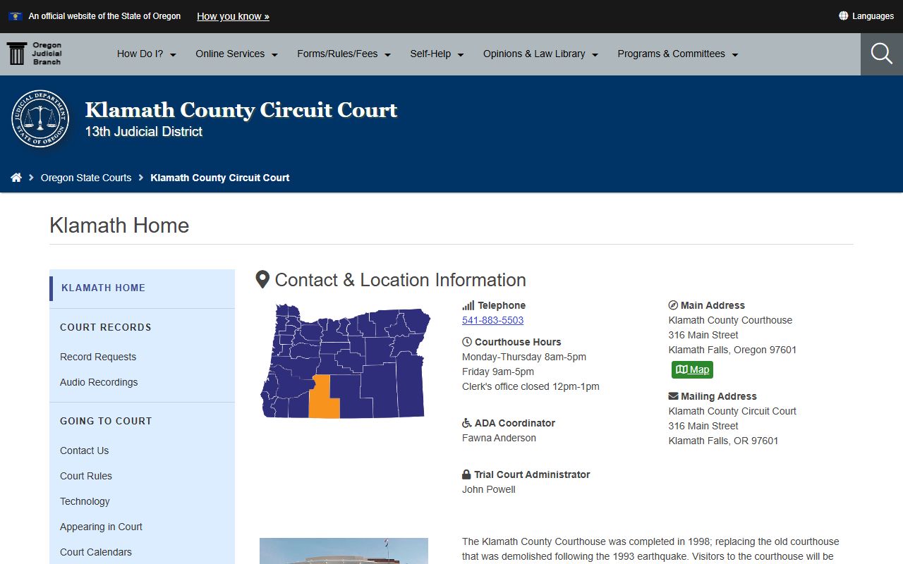 Klamath County Circuit Court homepage for family court records