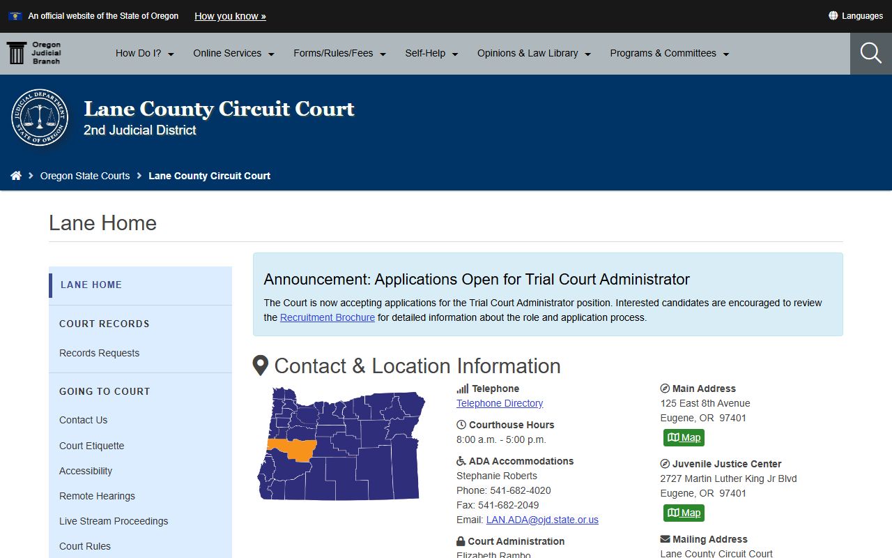 Lane County Circuit Court homepage for family court records