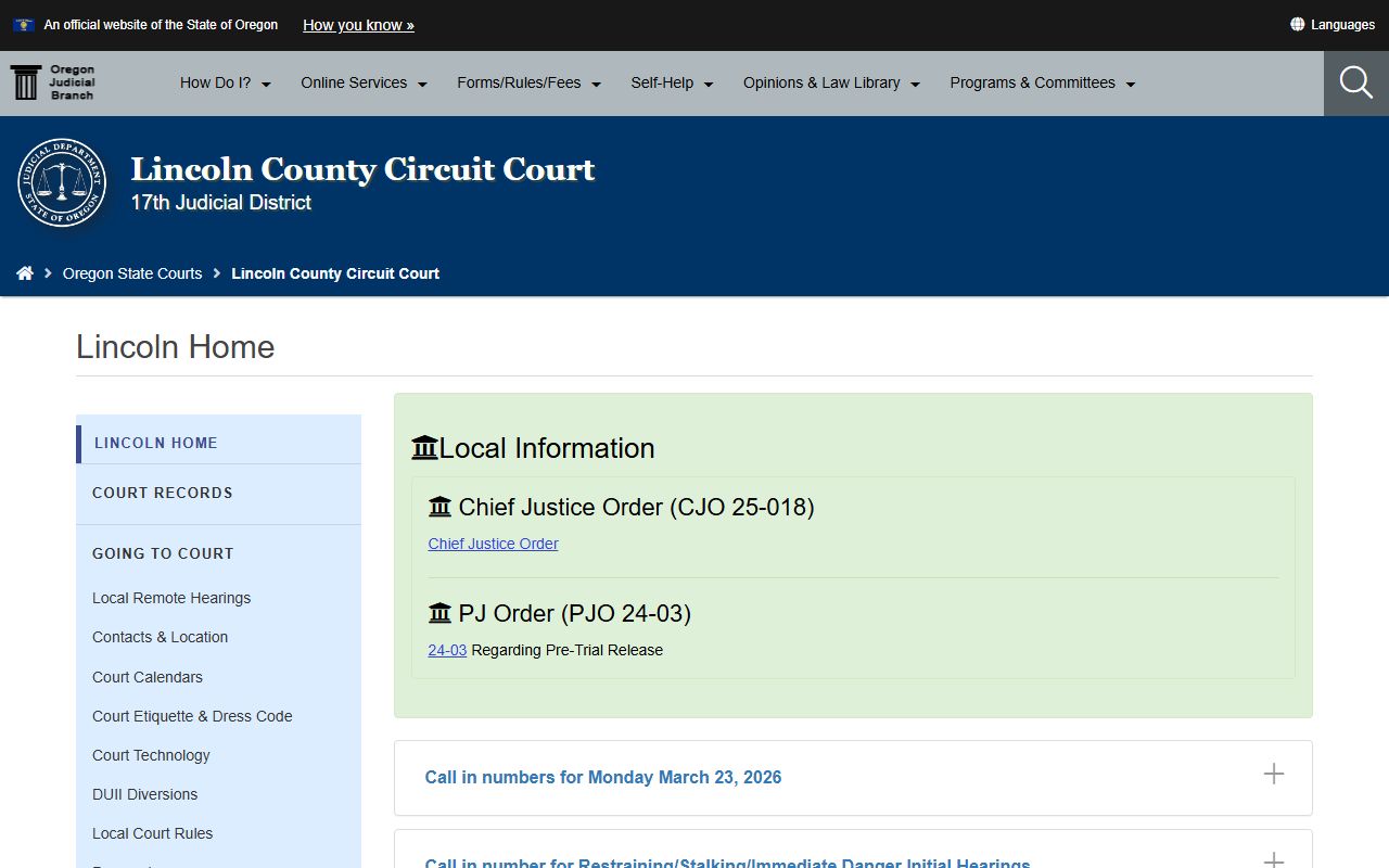 Lincoln County Circuit Court homepage for family court records