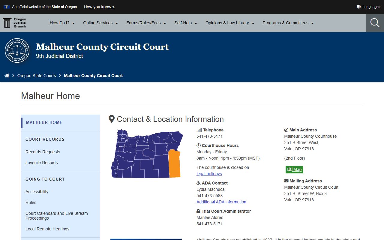 Malheur County Circuit Court homepage for family court records