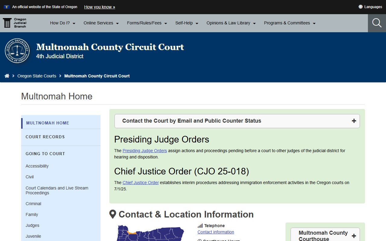 Multnomah County Circuit Court homepage for family court records