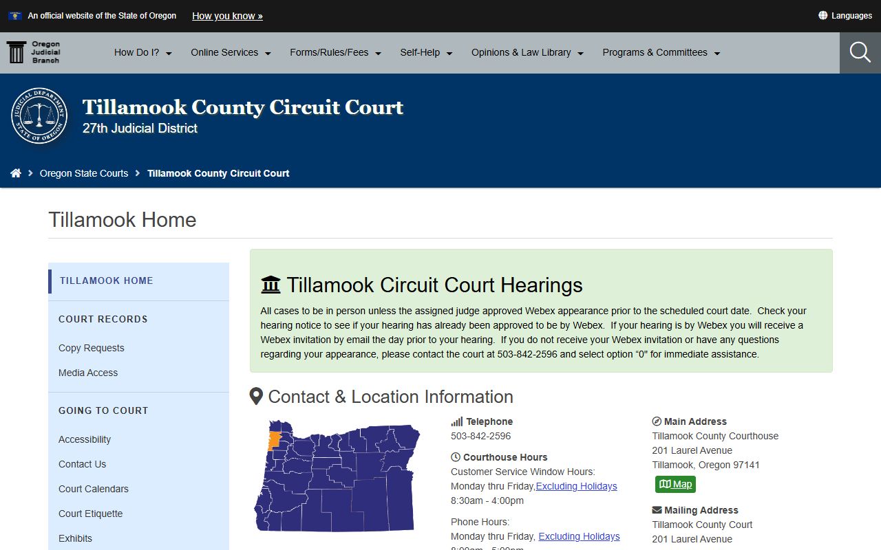 Tillamook County Circuit Court homepage for family court records