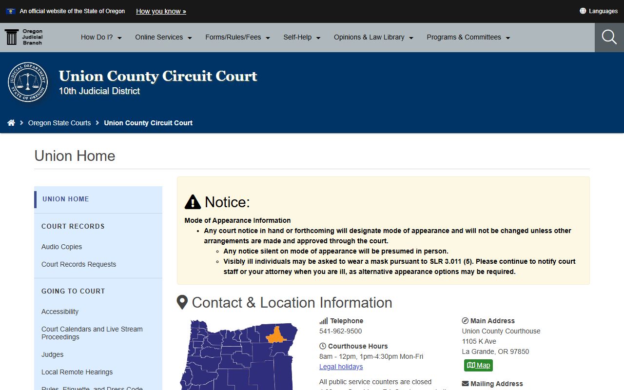 Union County Circuit Court homepage for family court records