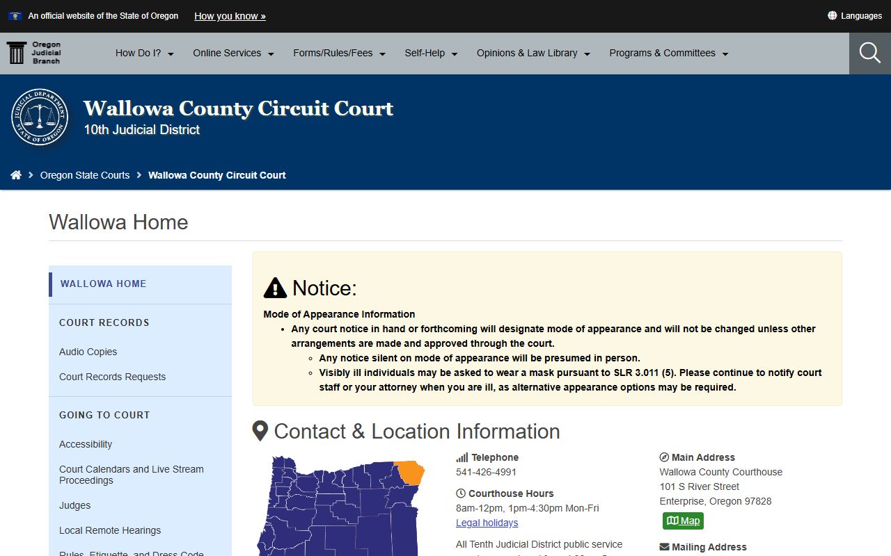 Wallowa County Circuit Court homepage for family court records