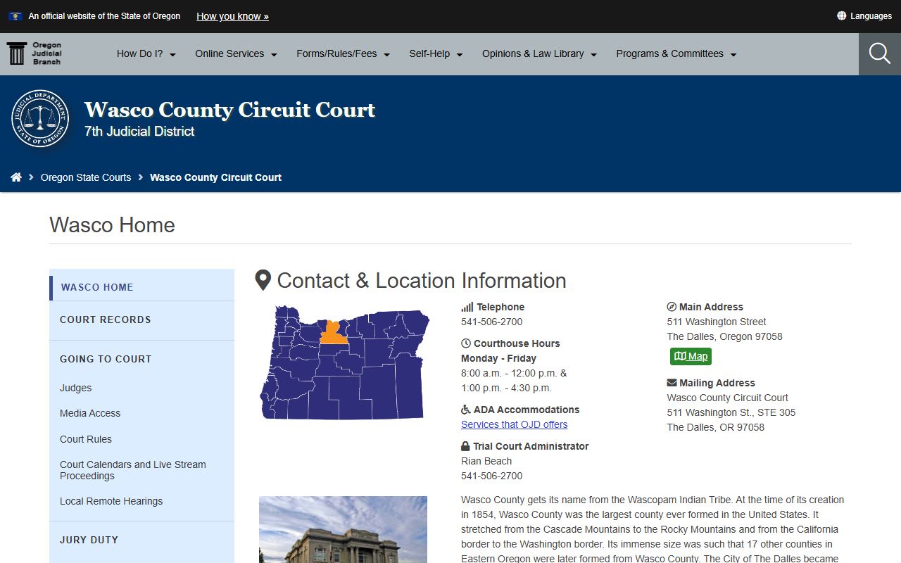 Wasco County Circuit Court homepage for family court records