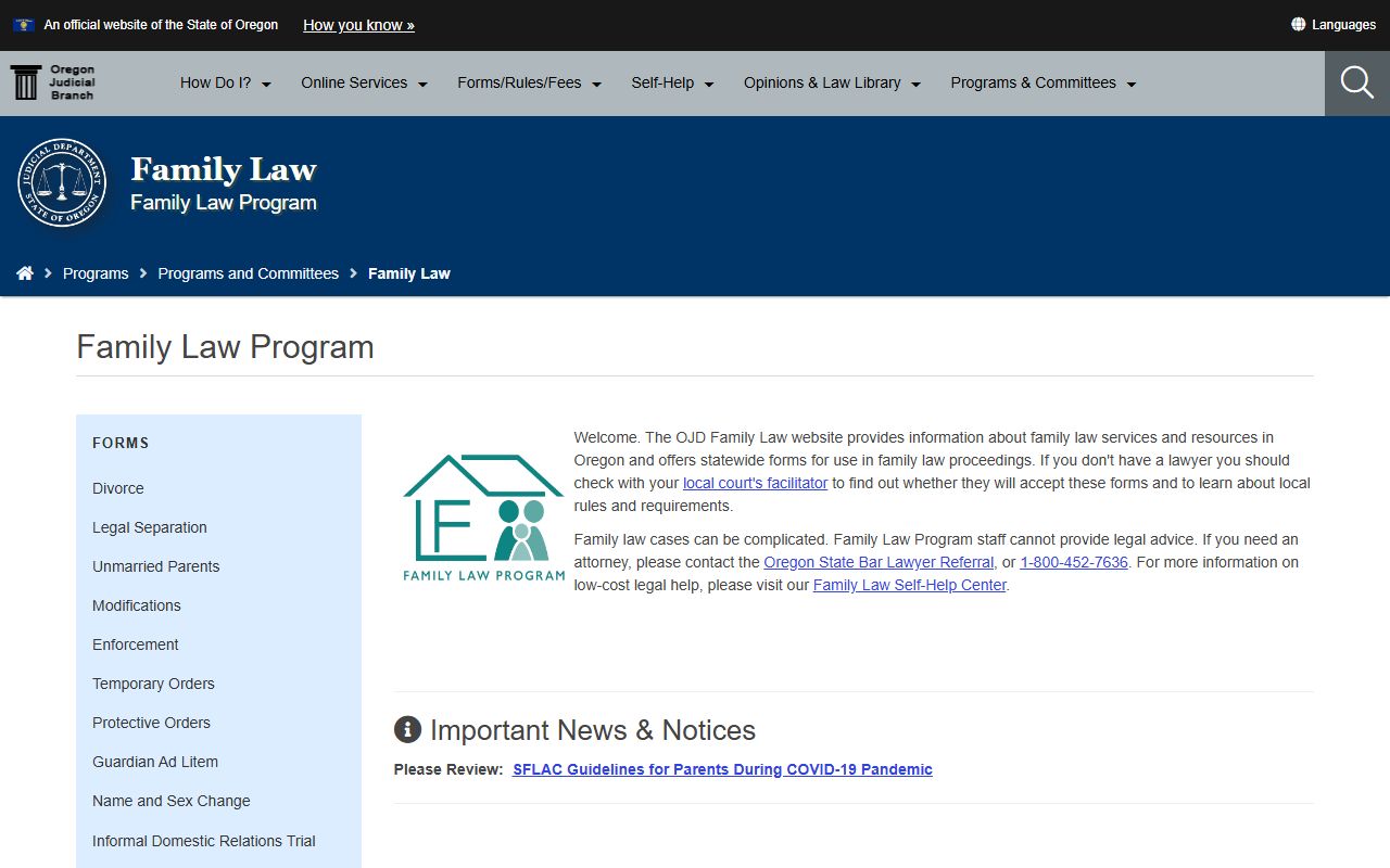 Oregon family law forms center for family court records