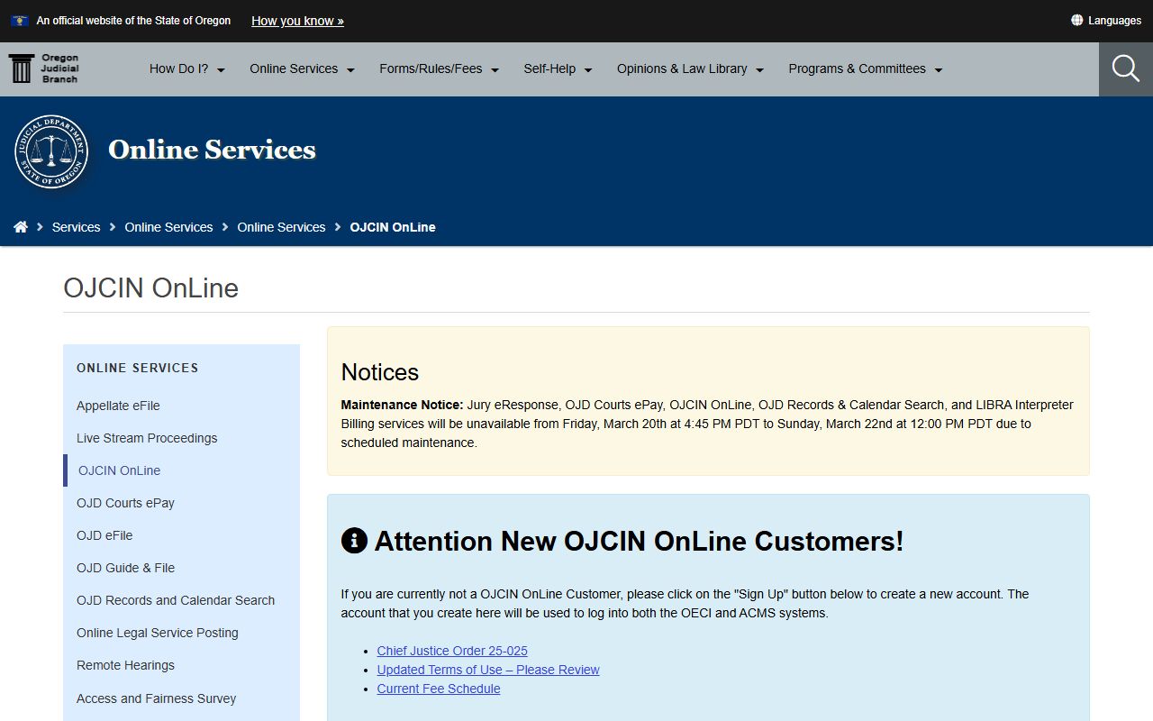 OJCIN subscription database for Oregon family court records